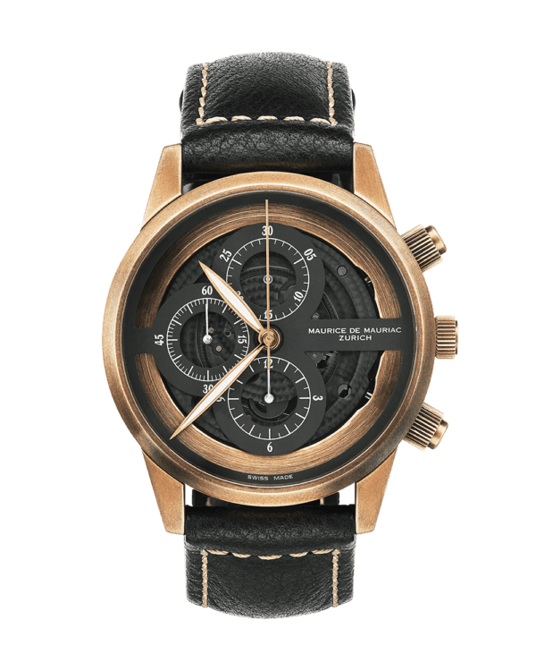 Uhr mit Gehäuse aus Bronze und schwarzem Leder Uhrenband