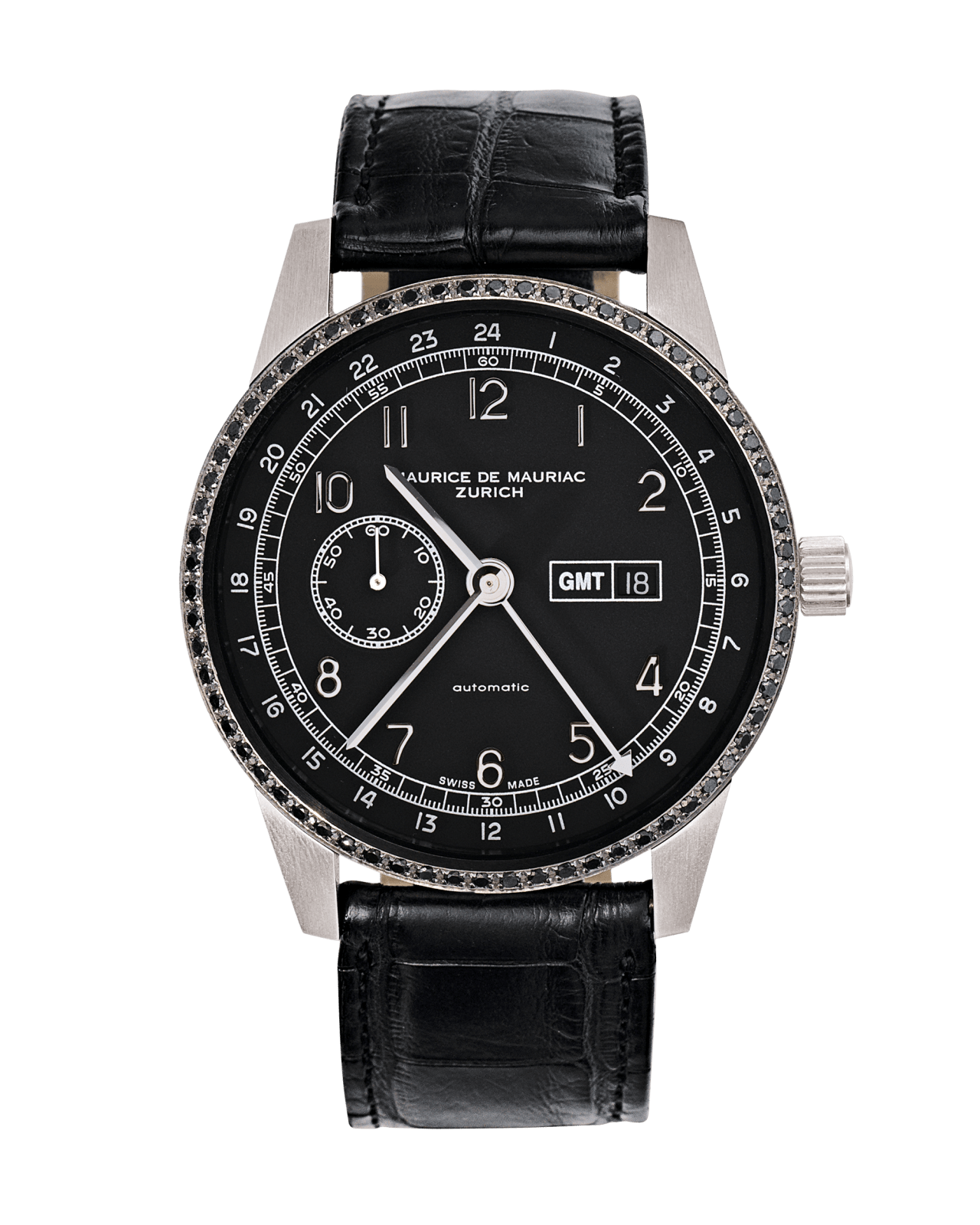 Mechanische Schweizer GMT Uhr mit Edelstahlgehäuse und Krokoarmband