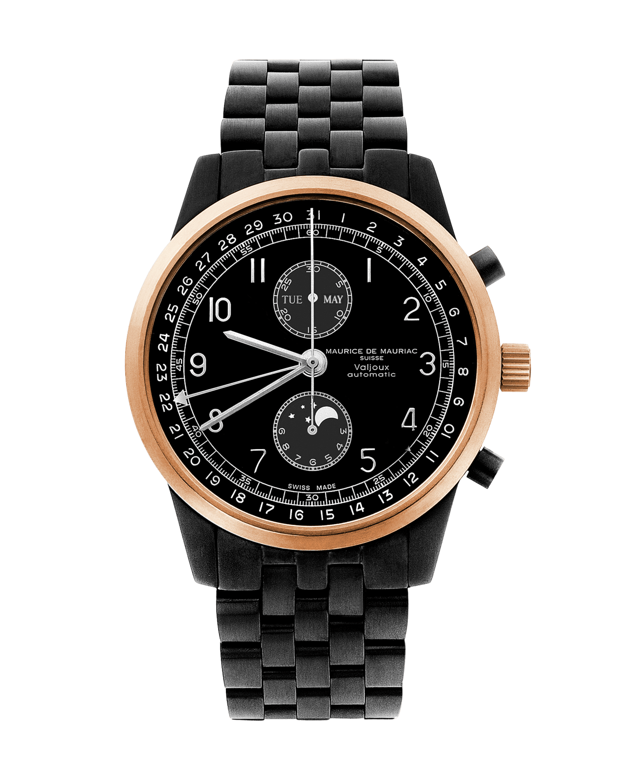 Klassisch moderne Mondphasen Uhr mit schwarzem Uhrenband aus Stahl