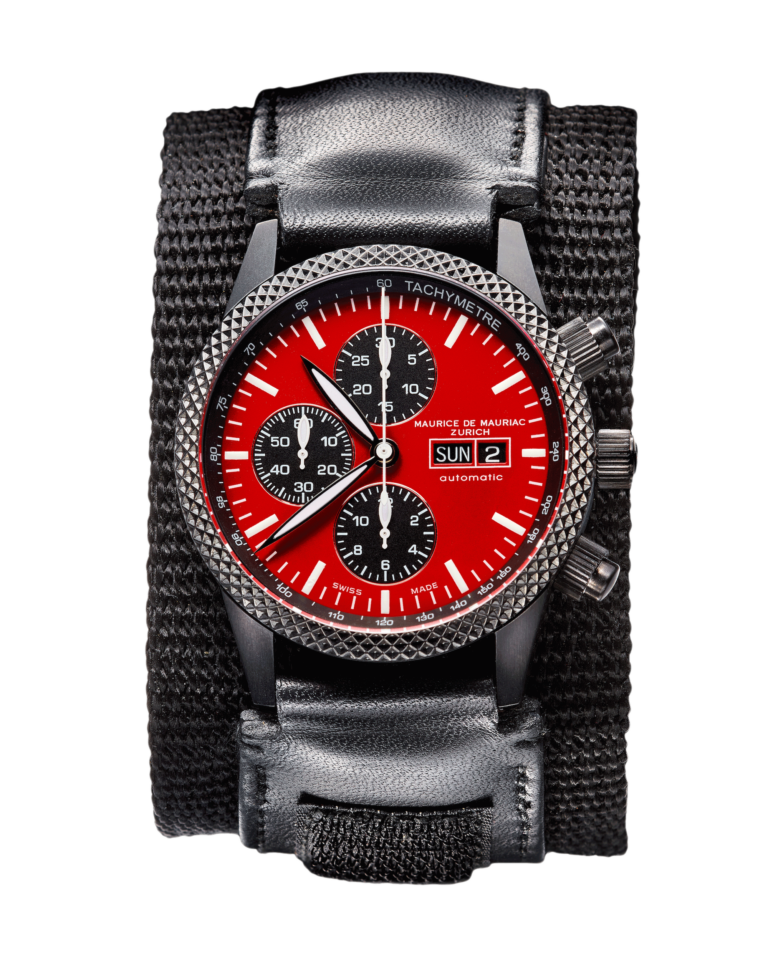 Chrono Uhr mit roten Zifferblatt und schwarzem Uhrenband aus Leder