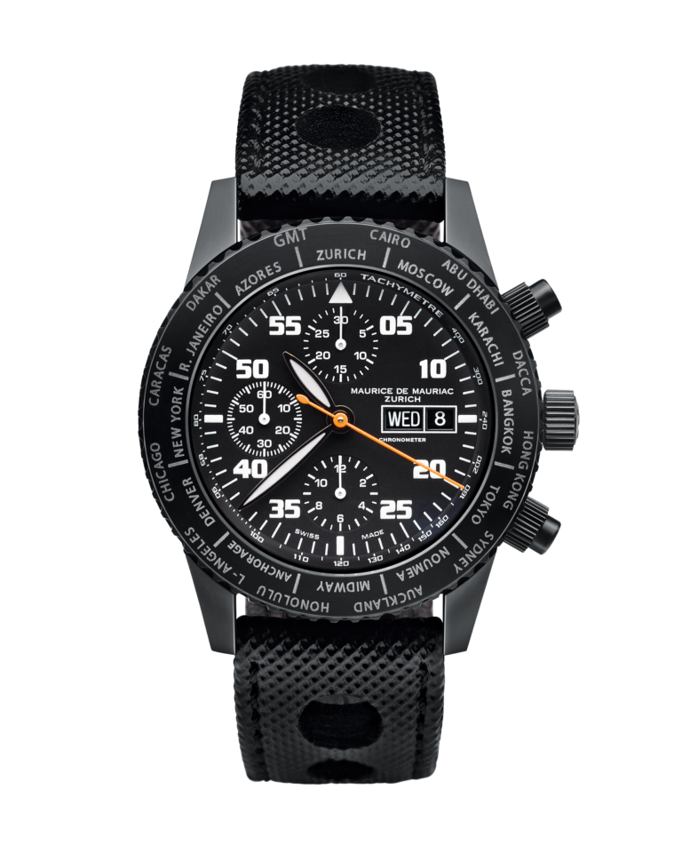 Chrono Taucher Uhr aus Titan mit PVD Beschichtung und schwarzem Uhrenband aus Leder