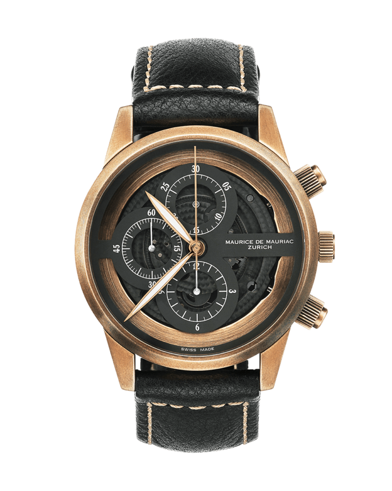 Uhr mit Gehäuse aus Bronze und schwarzem Leder Uhrenband